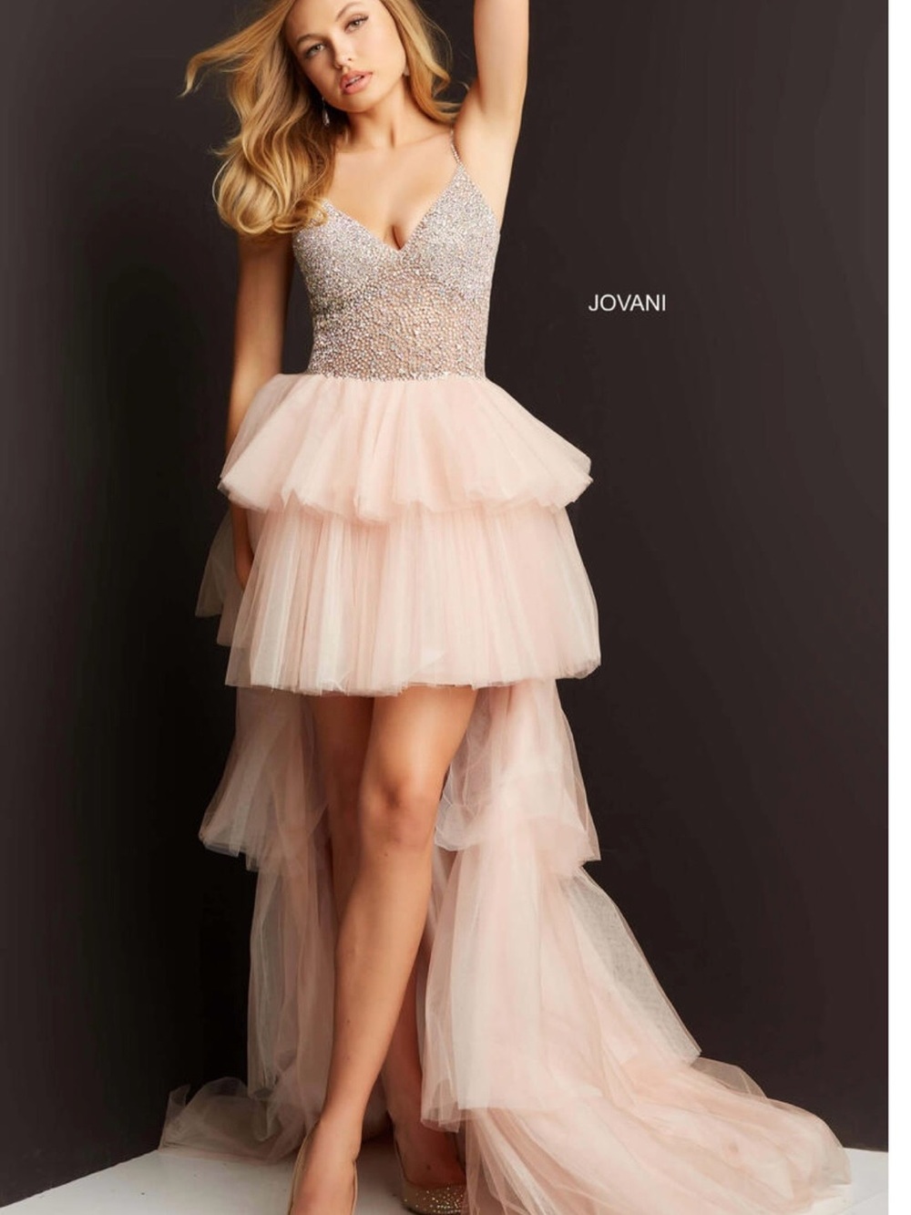 Jovani Blush Pink Crystal-Embellished High-Low Tulle Dress 07262 nwt